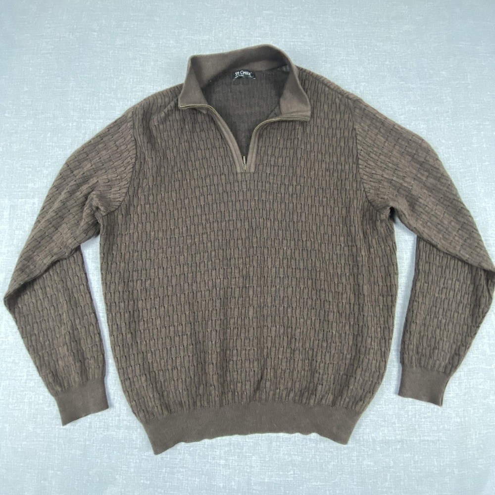 St. Croix Sweater Mens XL Brown Cable-Knit 1/4 Zip Mock Neck Wool Made USA